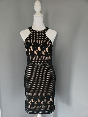 Lulu's Black Crochet Lace Halter Mini Dress with Nude Lining